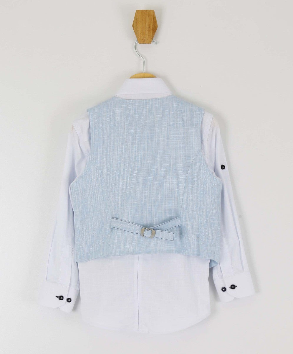 Boys Self Patterned Double-Breasted Linen Waistcoat Suit Set - Light Blue