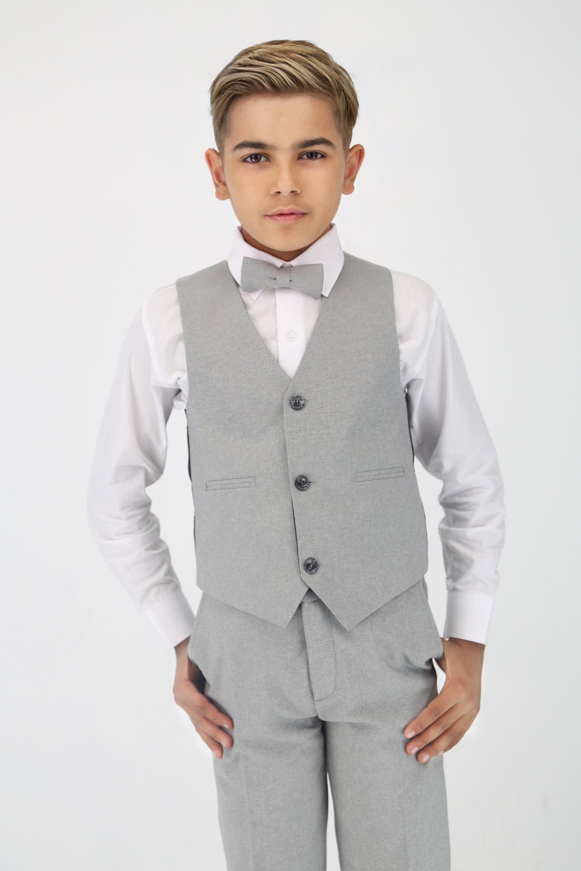 Boys Slim Fit Textured 8-Piece Formal Suit Set - Light Grey