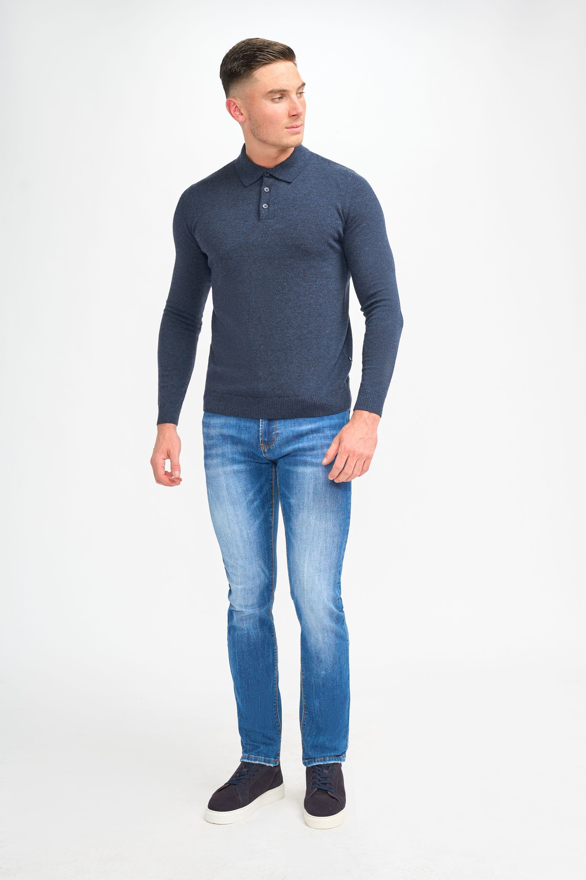 Men’s Wool Knit Long Sleeve Polo Shirt - Boom - Navy Blue