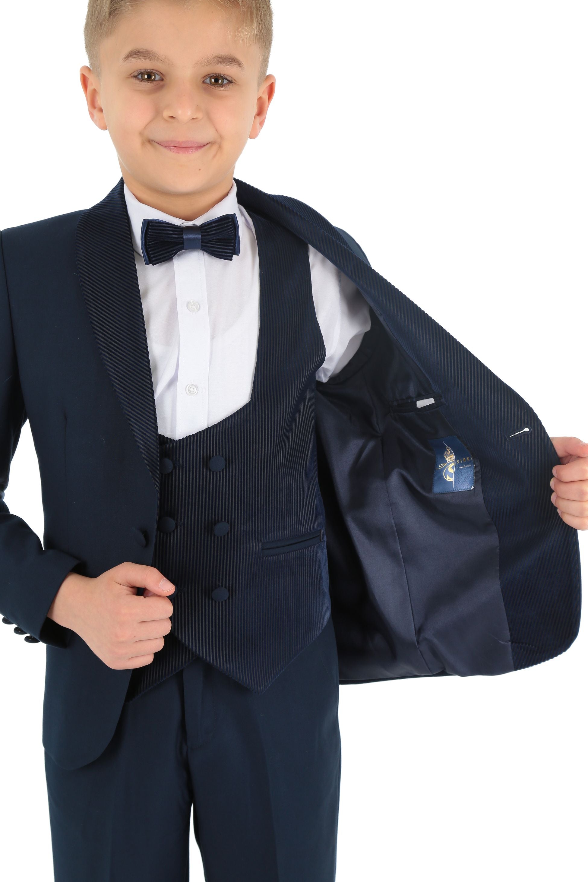 Boys Tuxedo Suit - Corduroy Velvet Waistcoat & shawl lapel - Navy Blue