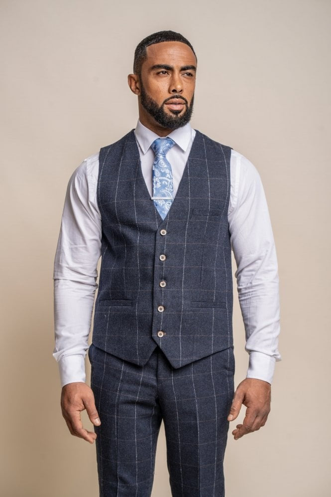 Men's Windowpane Check Wool Navy Blue Suit- ANGELS - Navy Blue