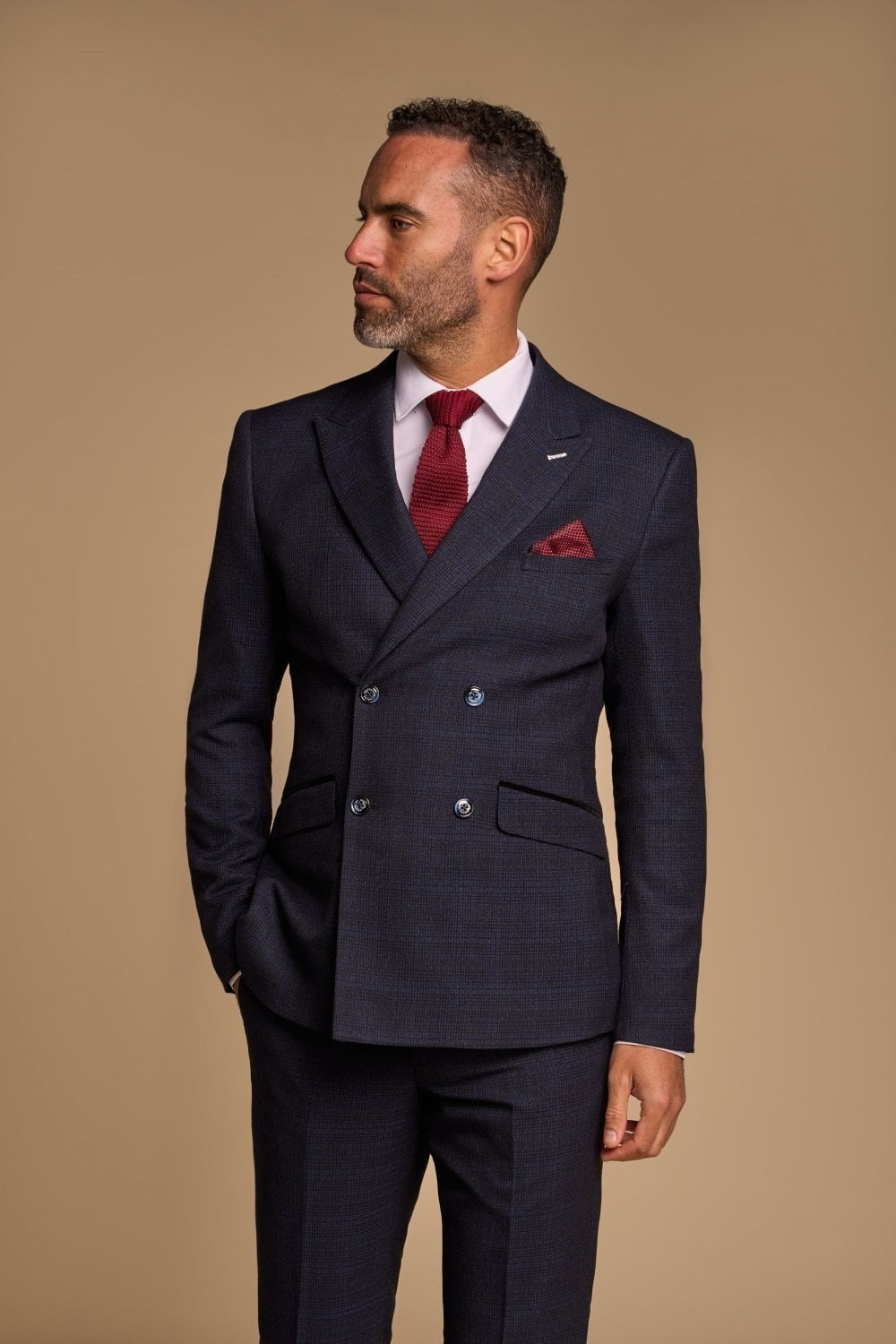 Men's Check Houndstooth Slim Fit Suit - CARIDI - Navy Blue