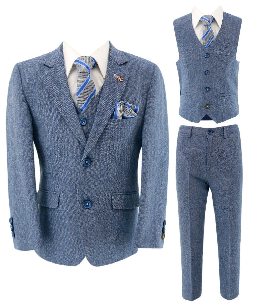 Boys Tweed Slim Fit Suit - WELLS Blue - Light Blue