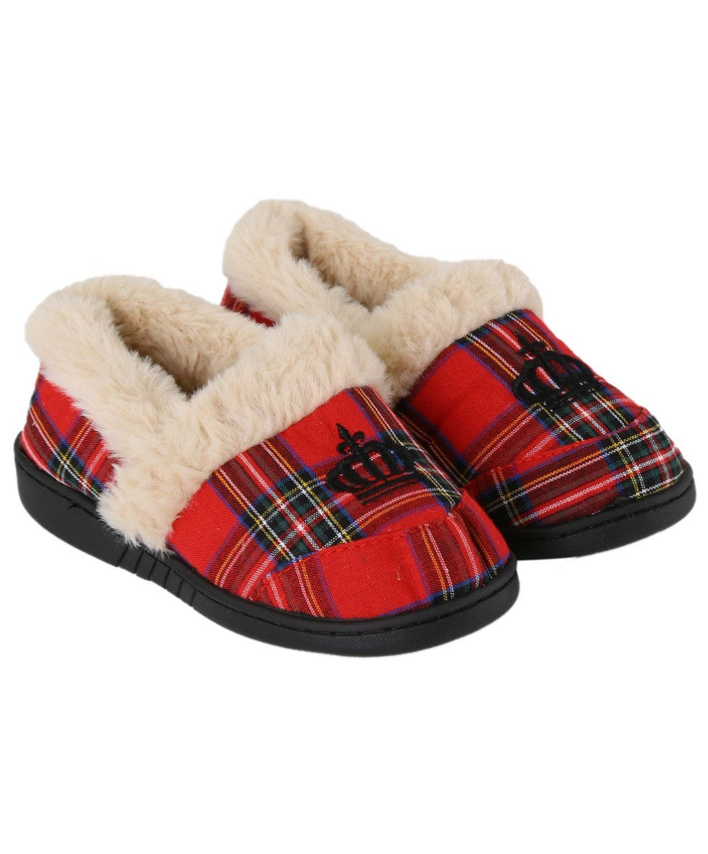 Boys Tartan Plaid Fleece Red Slippers - Crown - Red