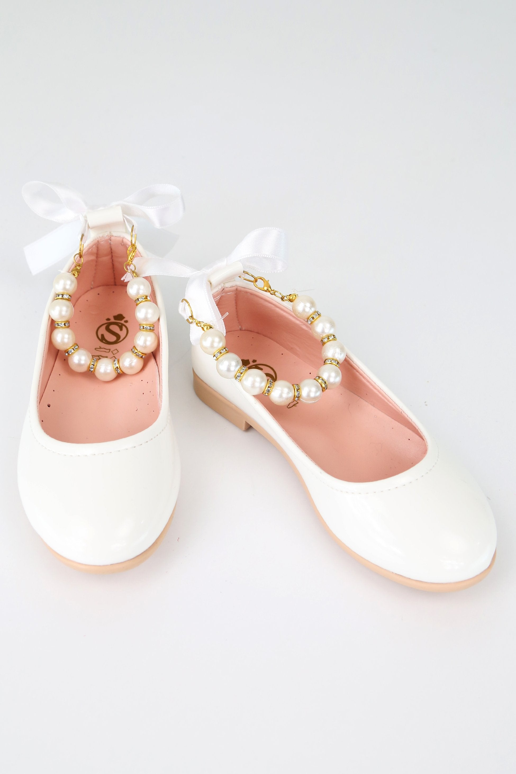 Girls Pearls & Ribbon Slip on Patent Mary Jane Shoes - TEAN - White