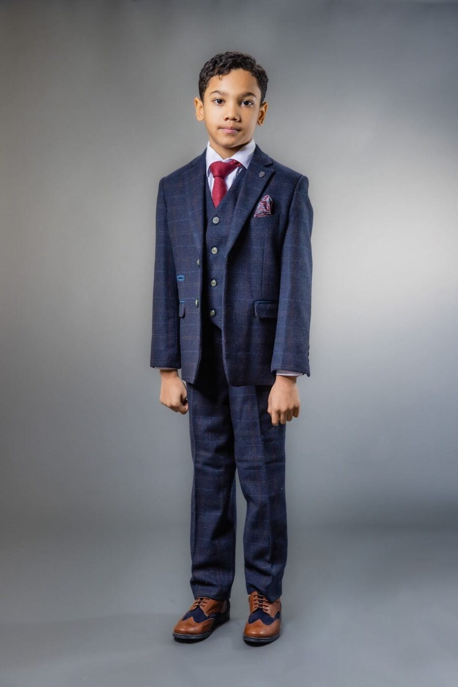 Boys Tweed Windowpane Check Tailored Fit Suit - Ryan Navy - Navy Blue