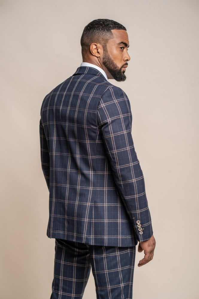 Men's Retro Check Navy Suit Jacket - HARDY - Navy Blue