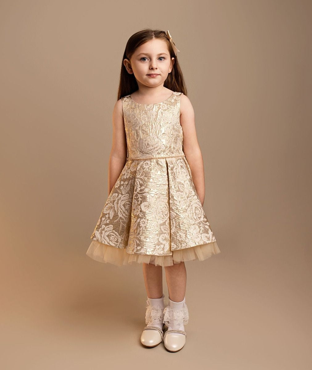 Girls’ Gold Floral Brocade Dress & Bag Set - Myra - Gold