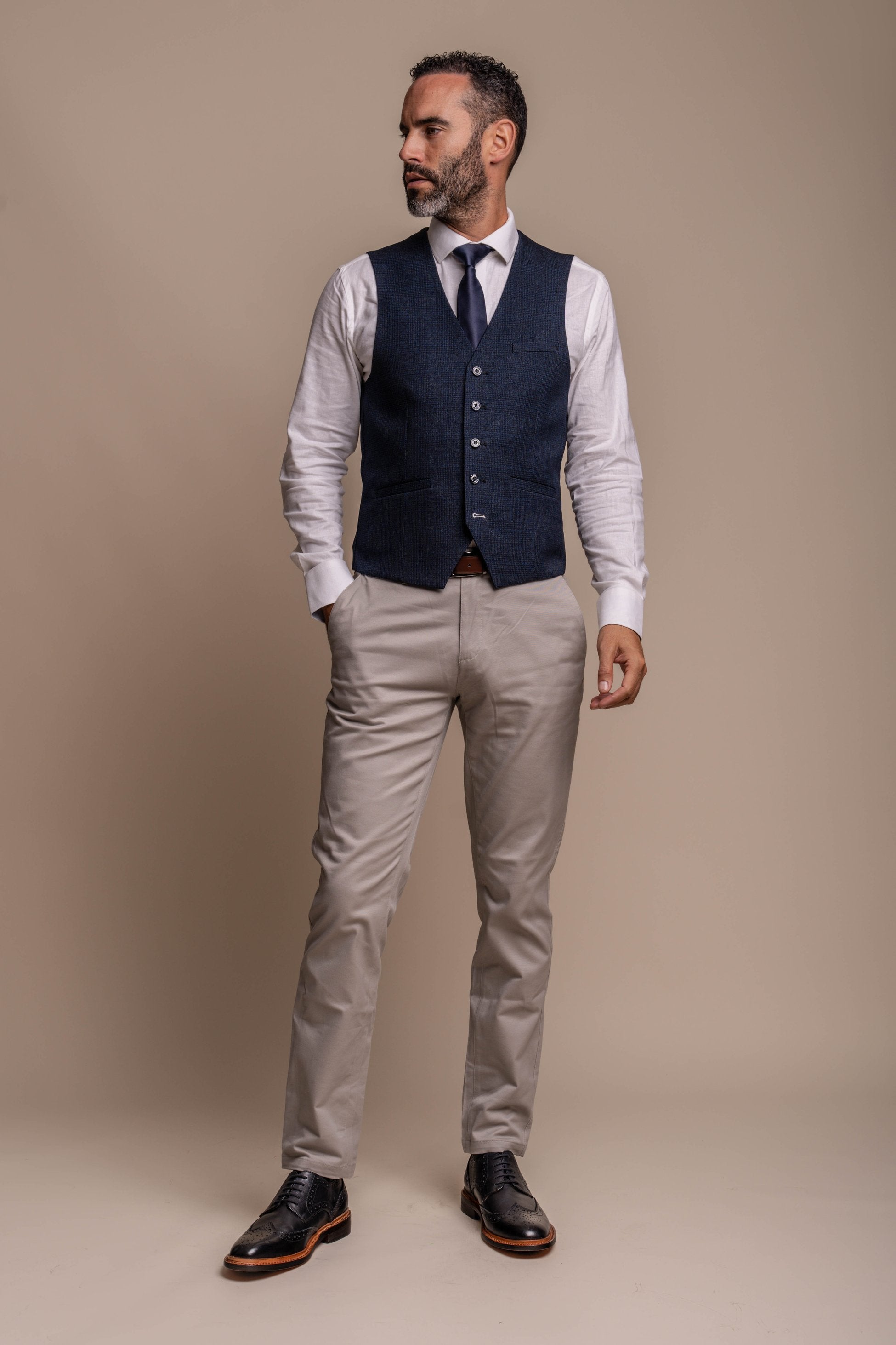 Men's Tweed Check & Beige Chino Combined Suit Set - CARIDI