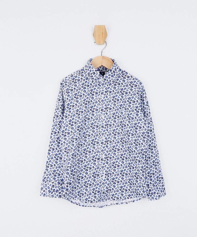 Boys Slim Fit Casual Paisley Shirt - White - Navy Blue