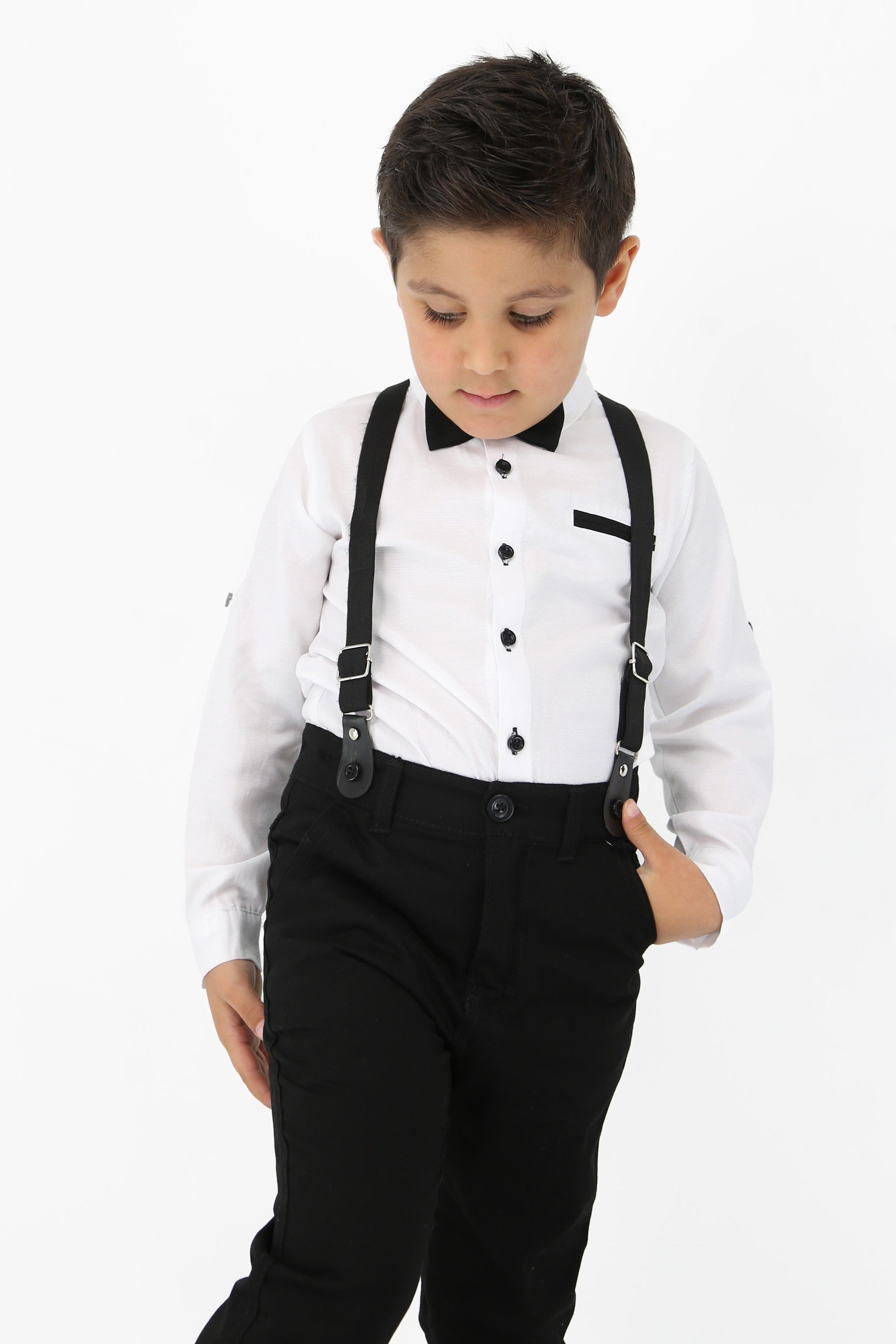 Baby & Boy Gentleman Outfit - 4 Piece Suspenders Pant Suit Set - OXFORD - White - Navy Blue