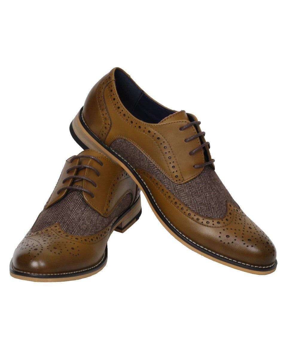 Men's Lace Up Tweed Leather Brogue Shoes - HORATIO - Tan Brown