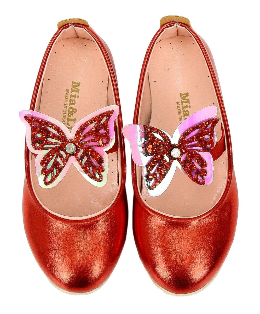 Girls Ballerina Butterfly Strap Flat Dress Shoes - Red