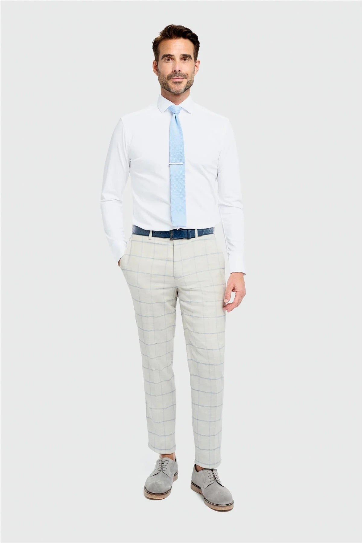 Men’s Light Grey Windowpane Check Trousers - Gabriel - Light Grey