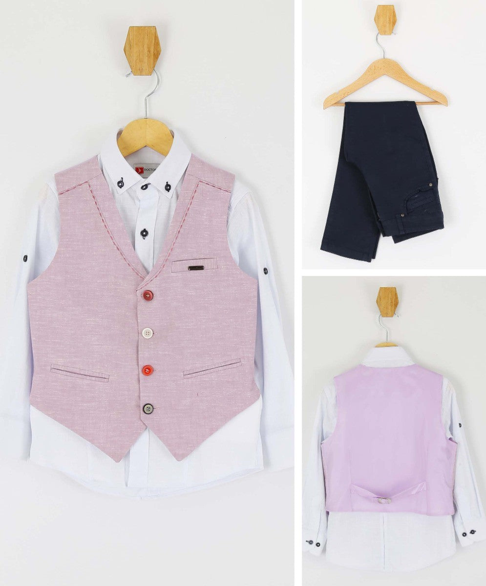 Boys Linen Single Breasted Waistcoat Suit Set - Lilac