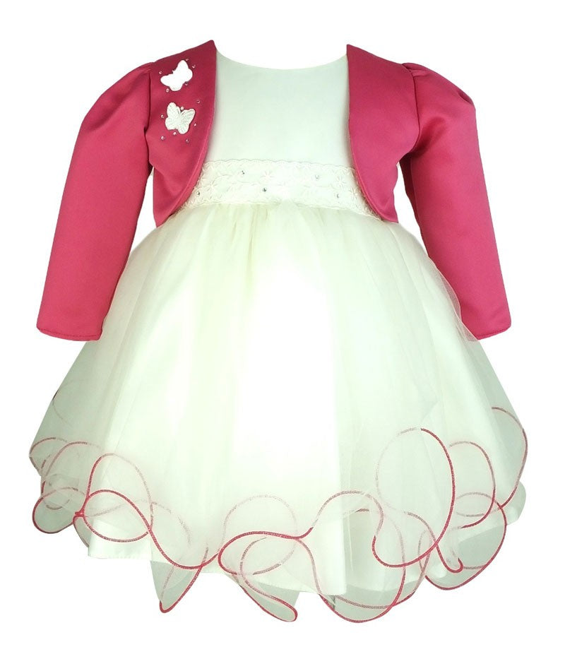 Girls Christening Wedding Dress with Butterfly Bolero Jacket - Ivory - Fuchsia