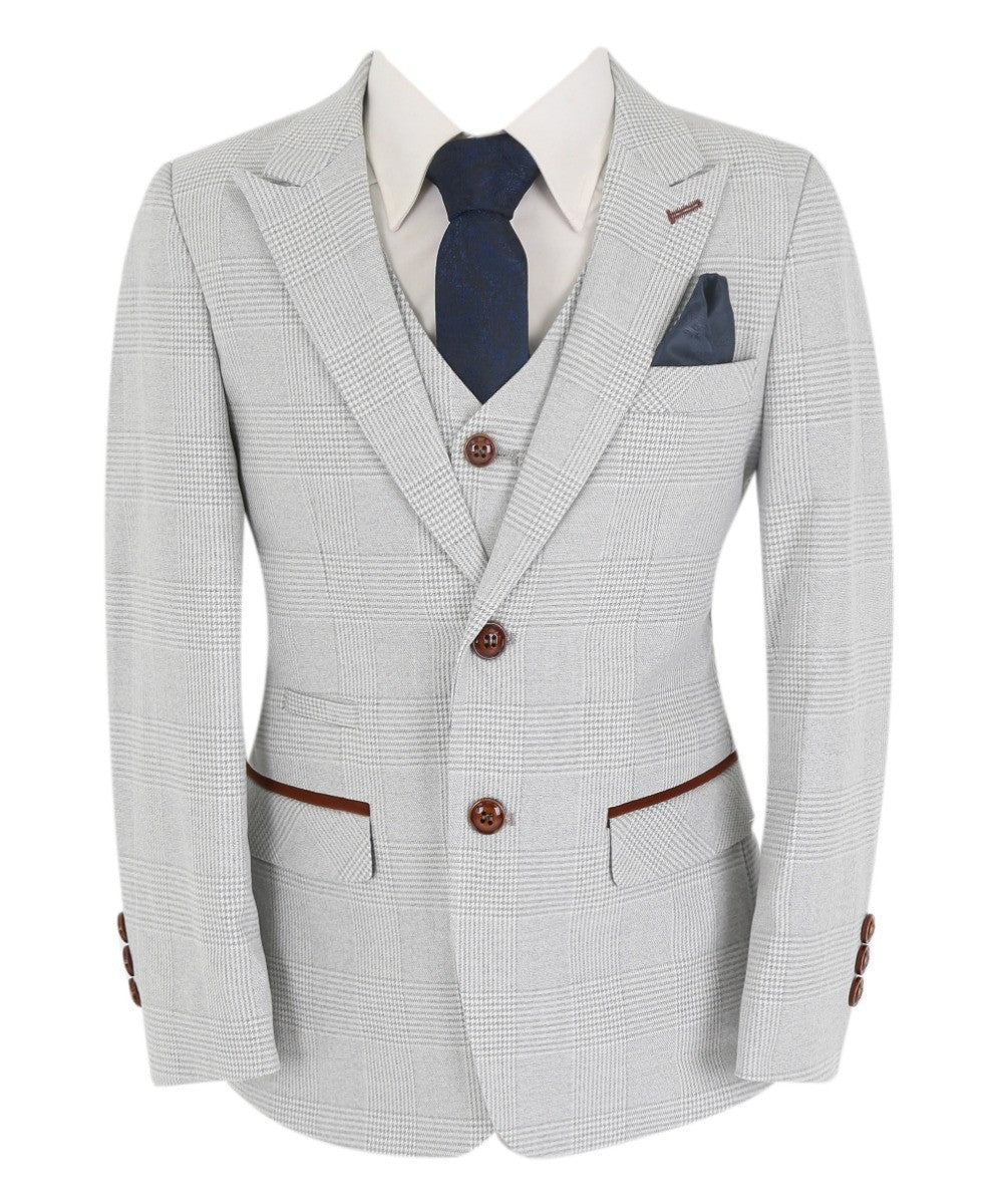 Boys Tailored Fit Tweed Check Suit - MARK - Stone Beige