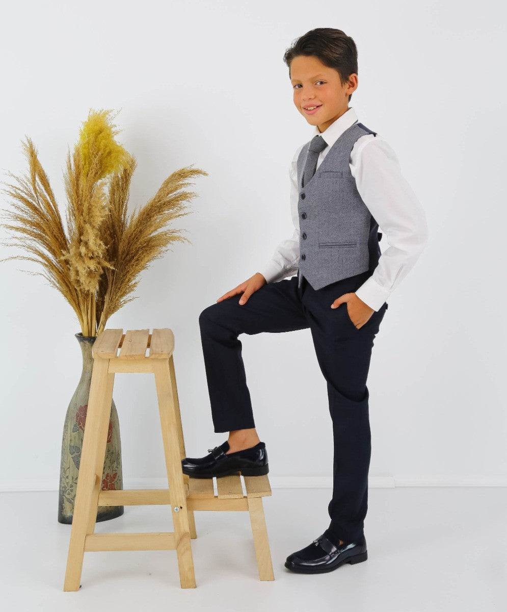 Boys Tweed Herringbone Blazer and Waistcoat Suit Set - Blue