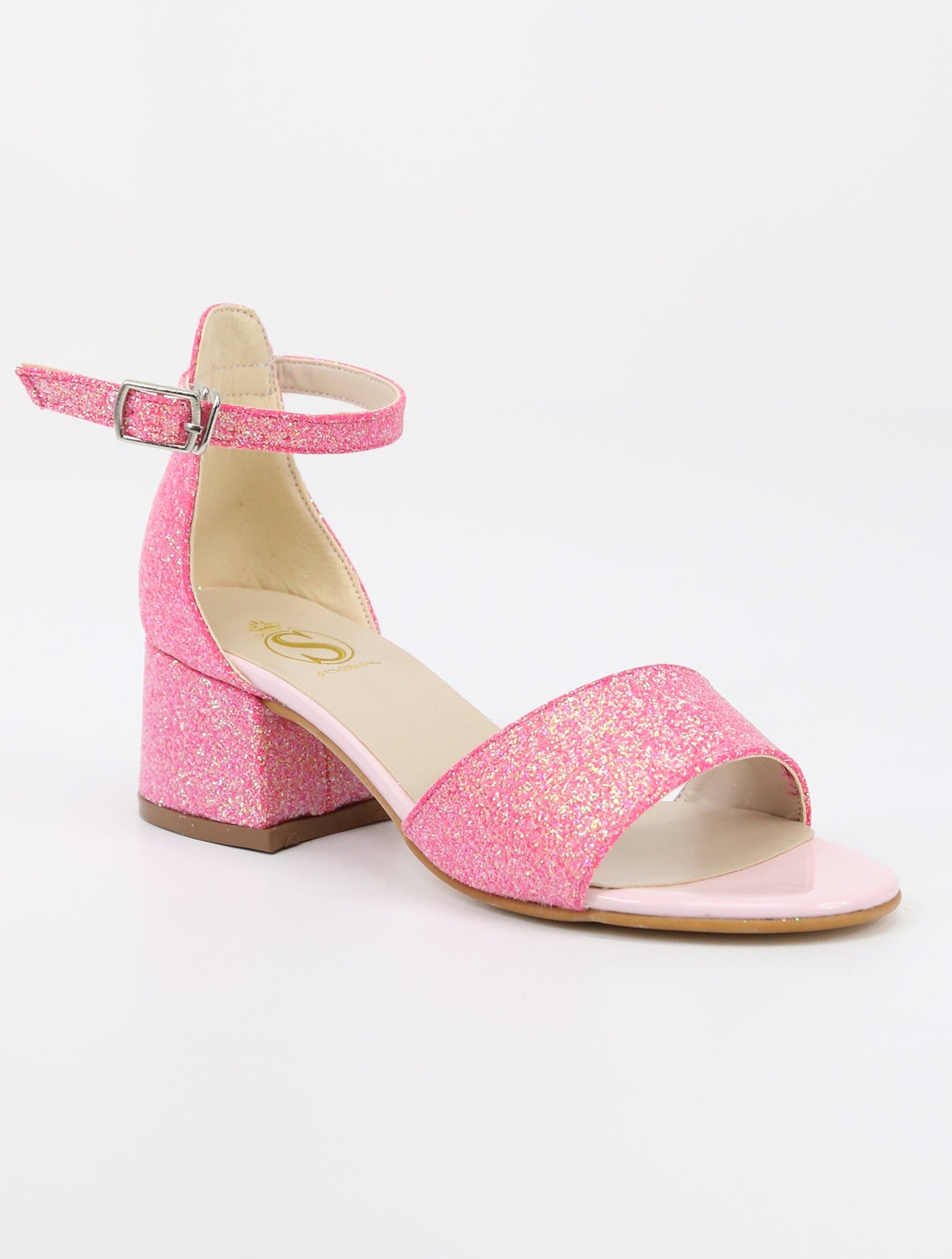 Girls Ankle-Strap Block Heel Sandals - SPARKLE - Cherry Pink