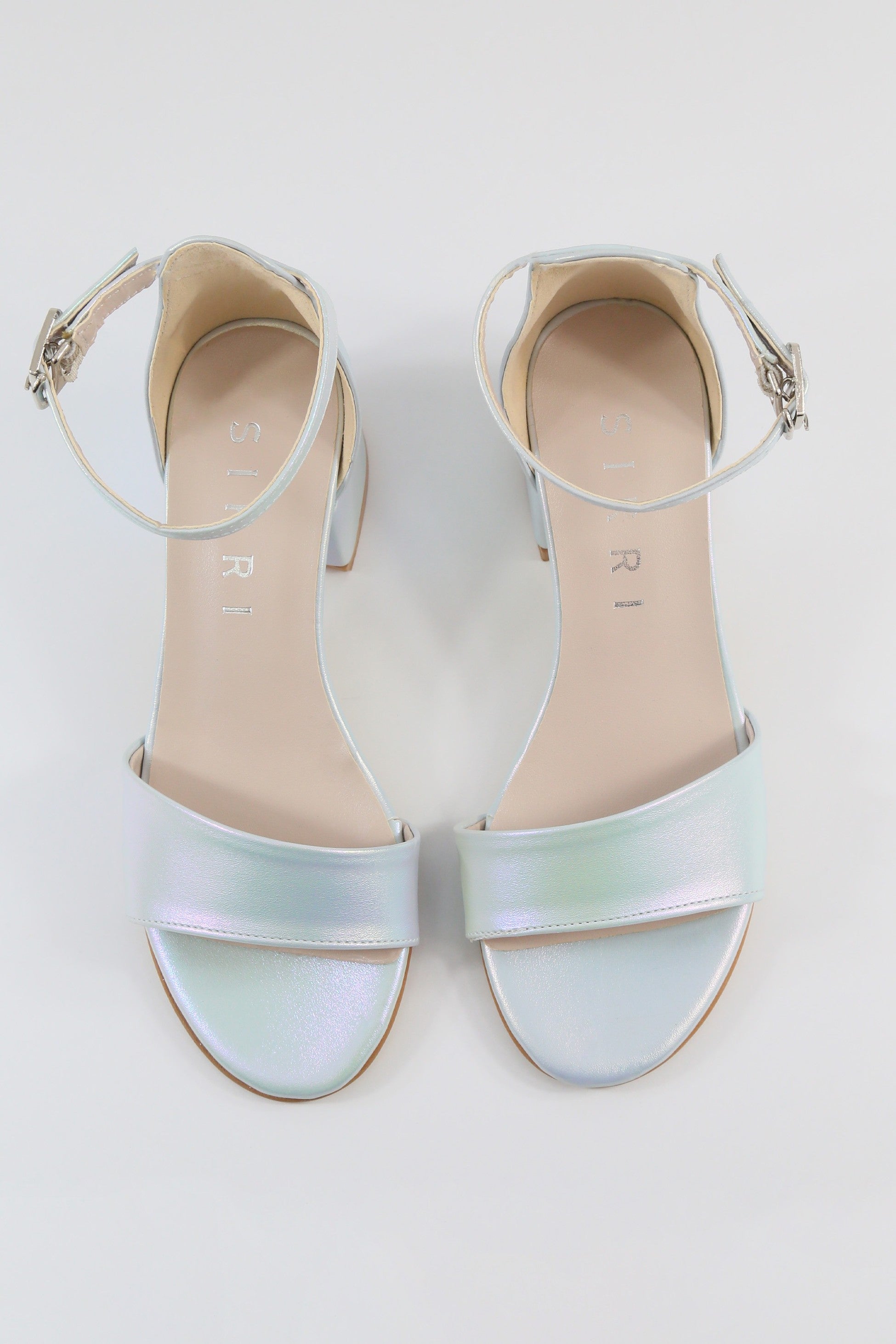 Girls Ankle-Strap Iridescent Block Heels Sandals - GRACE - Silver