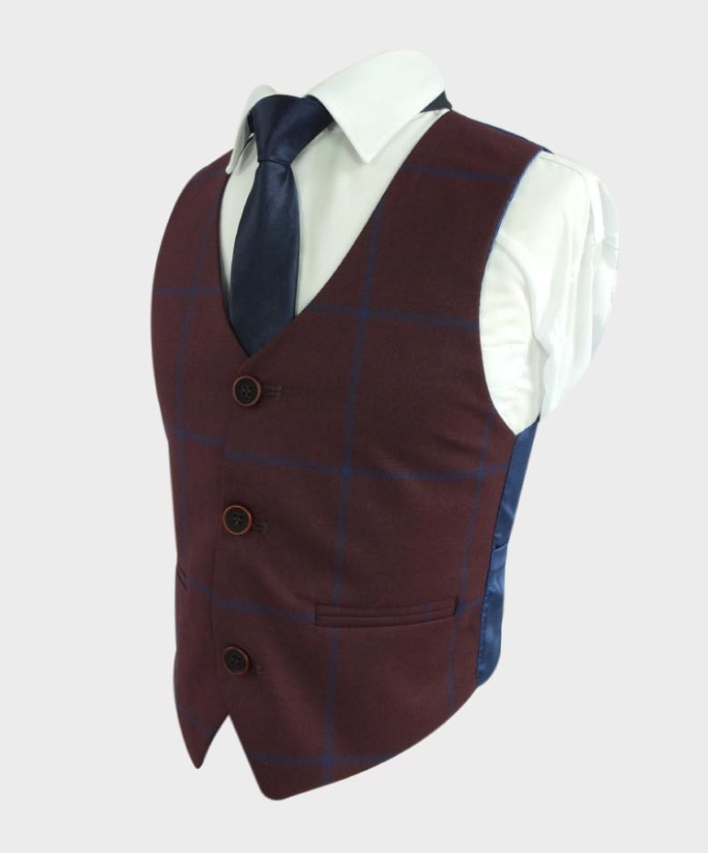 Boys Tailored Fit Windowpane Check Suit - Burgundy