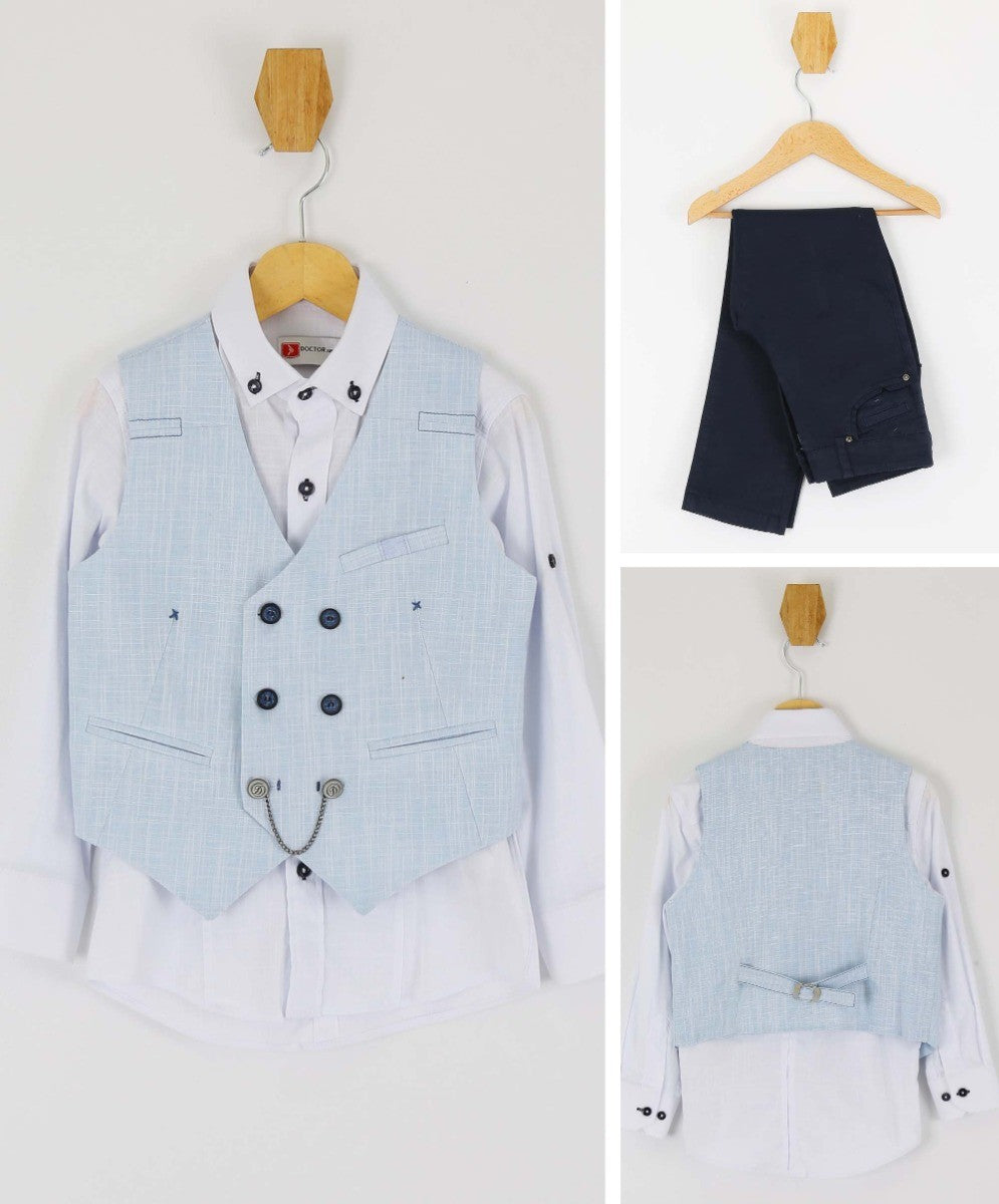 Boys Self Patterned Double-Breasted Linen Waistcoat Suit Set - Light Blue