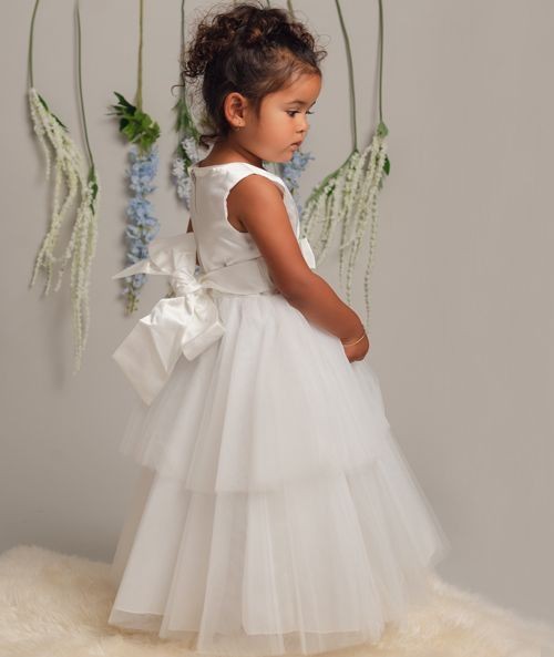 Girls Christening Dress with Satin Bow - K038 - Ivory