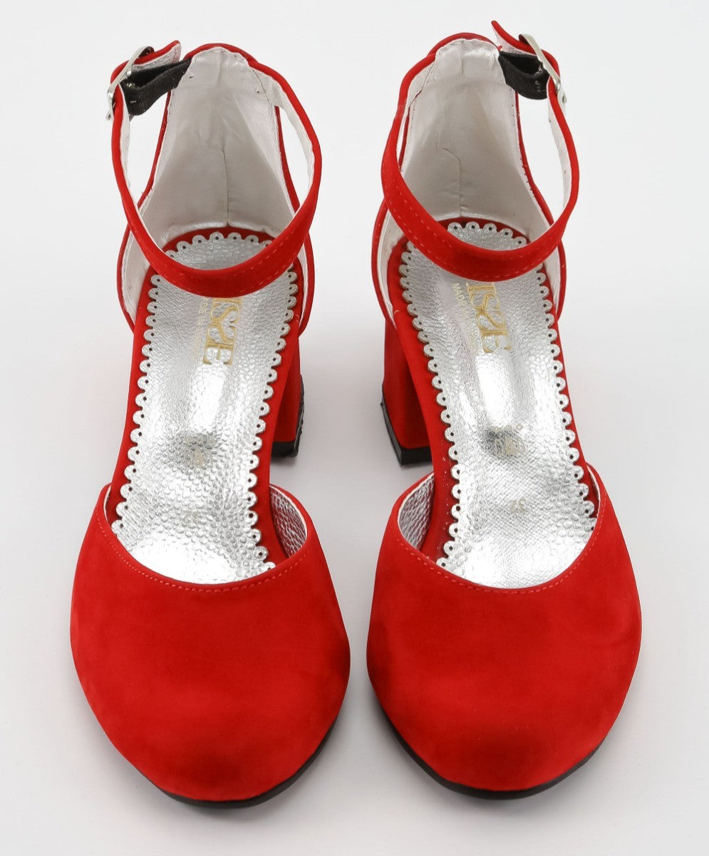 Girls Mary Jane Block Heel Shoes - Red