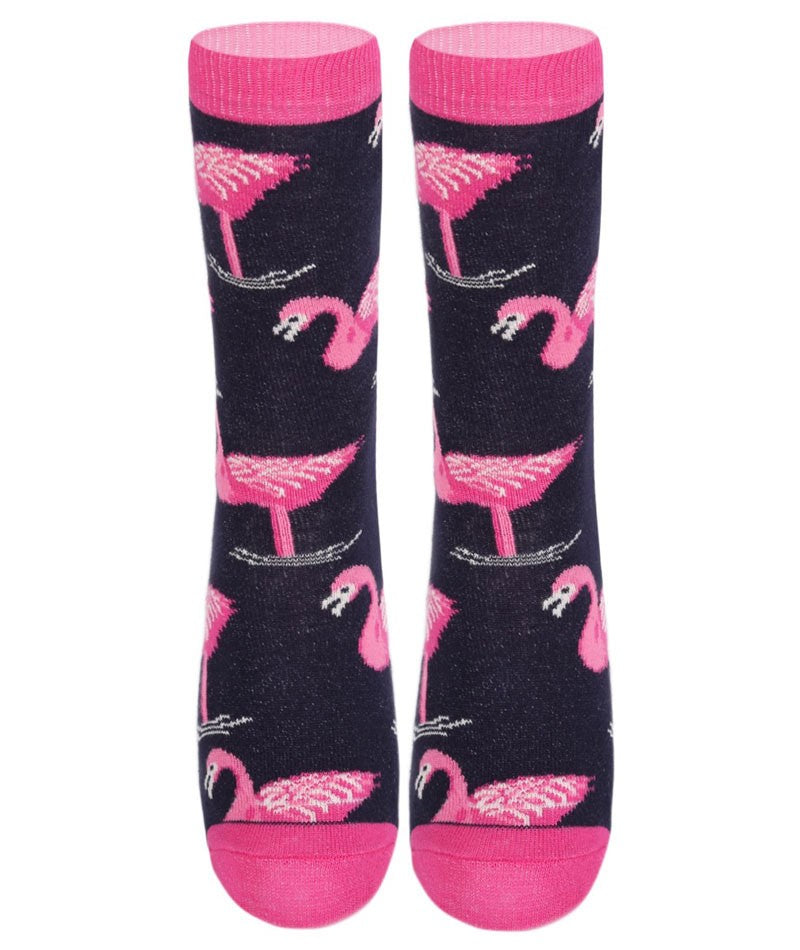 Unisex Kids Flamingo Socks - Novelty - Navy Blue - Pink