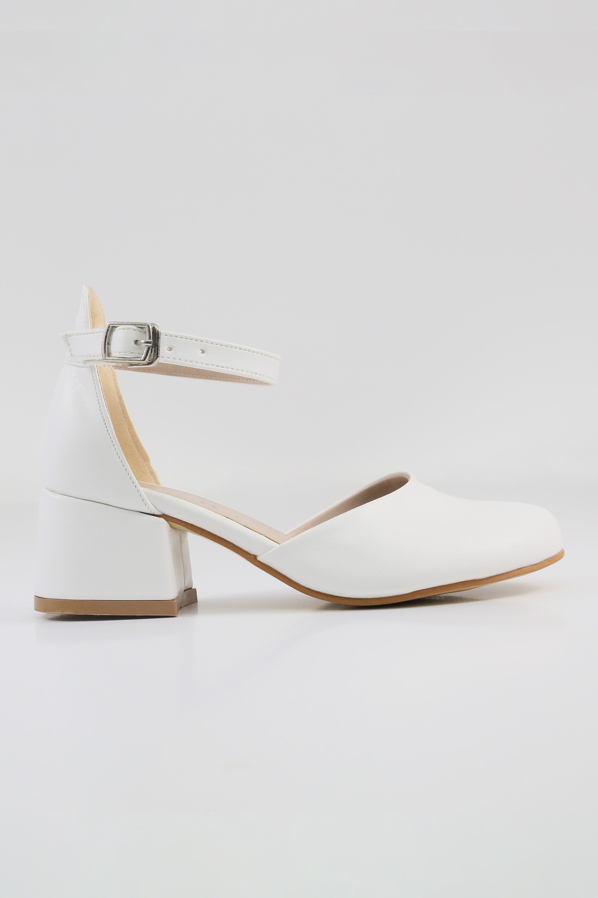 Girls' Ankle Strap White Block Heel Shoes – ELISE - White