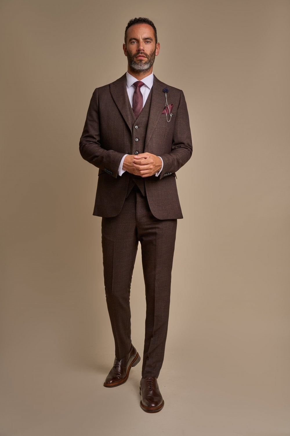 Men's Tweed Check Slim Fit Suit - CARIDI - Brown