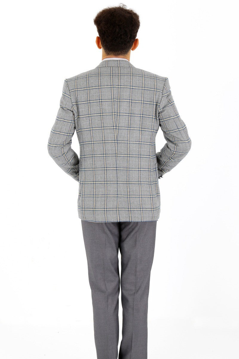 Boys Windowpane Check Slim Fit Suit - Blue - Grey