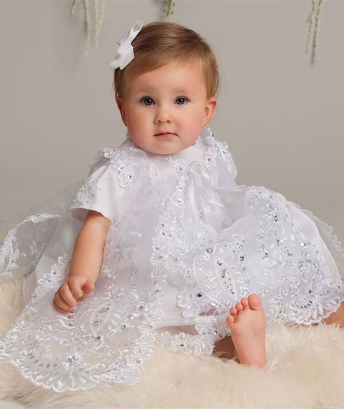 Baby Girls White Sequined Christening Dress Set - L528 - White