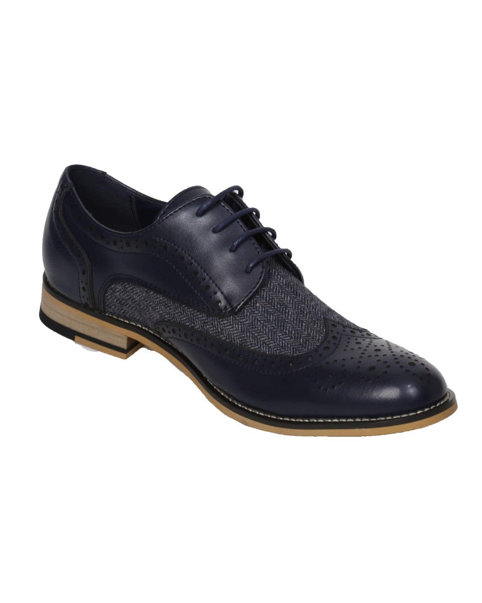 Men's Lace Up Tweed Leather Brogue Shoes - HORATIO - Navy Blue