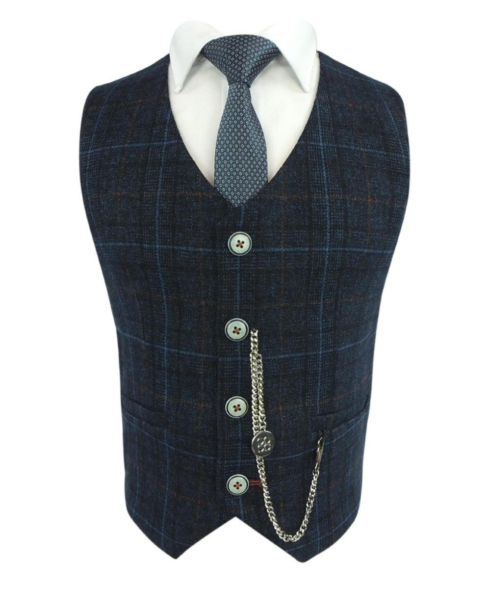 Boys Tweed Windowpane Check Suit - CODY Blue - Navy Blue