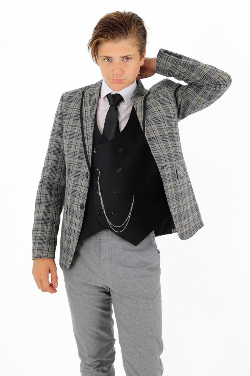 Boys Plaid Check Slim Fit Suit - Grey