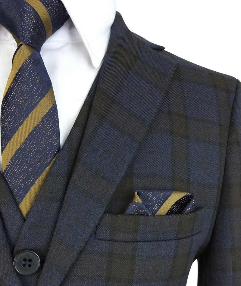 Boys Tailored Fit Retro Check Navy Suit - Navy Blue - Brown