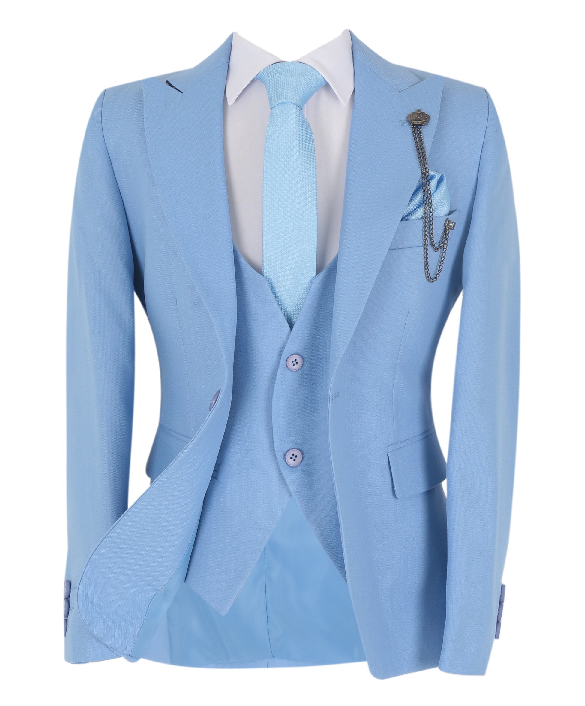 Boys Slim Fit Herringbone 8 Piece Suit Set - KING - Sky Blue