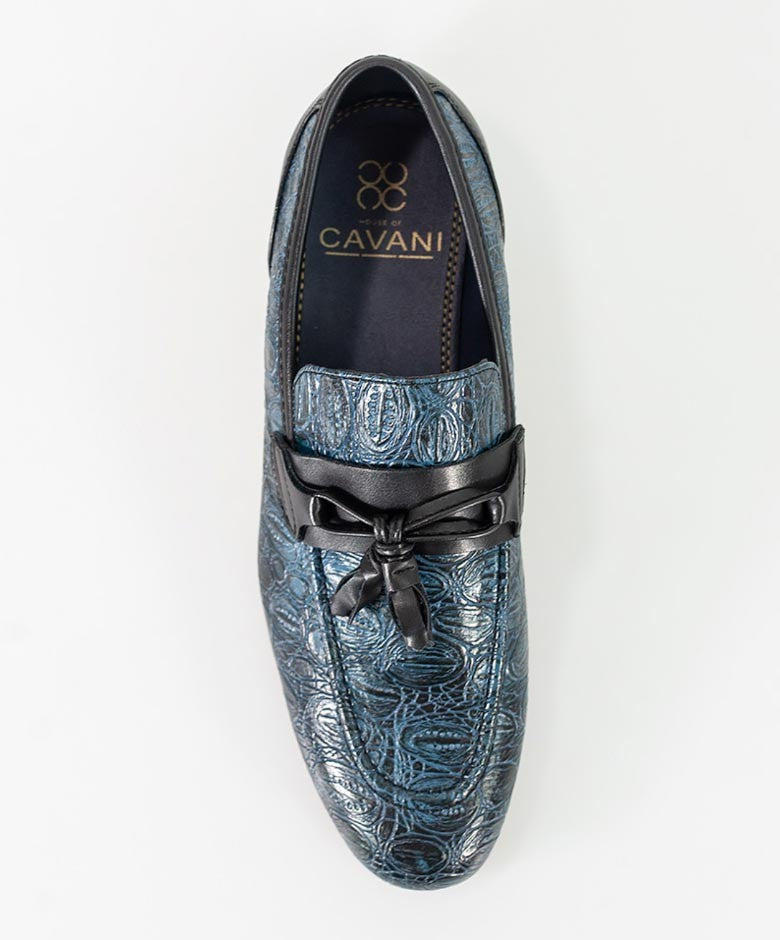 Men's Crocodile Embossed Tassel Loafers- BRINDISI - Navy Blue