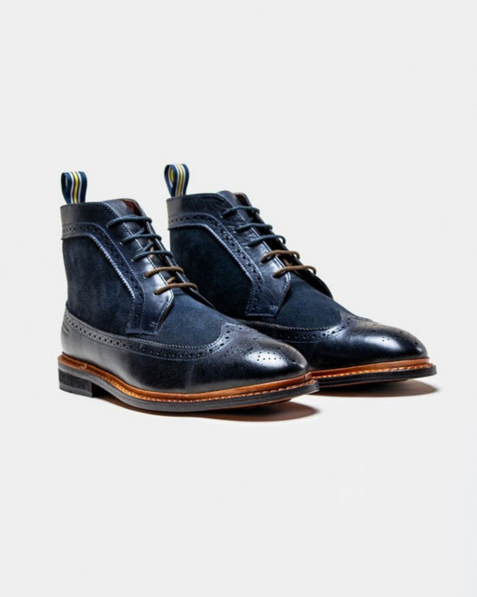 Men's Genuine Leather and Suede Brogue Boots - BOSWORTH - Navy Blue