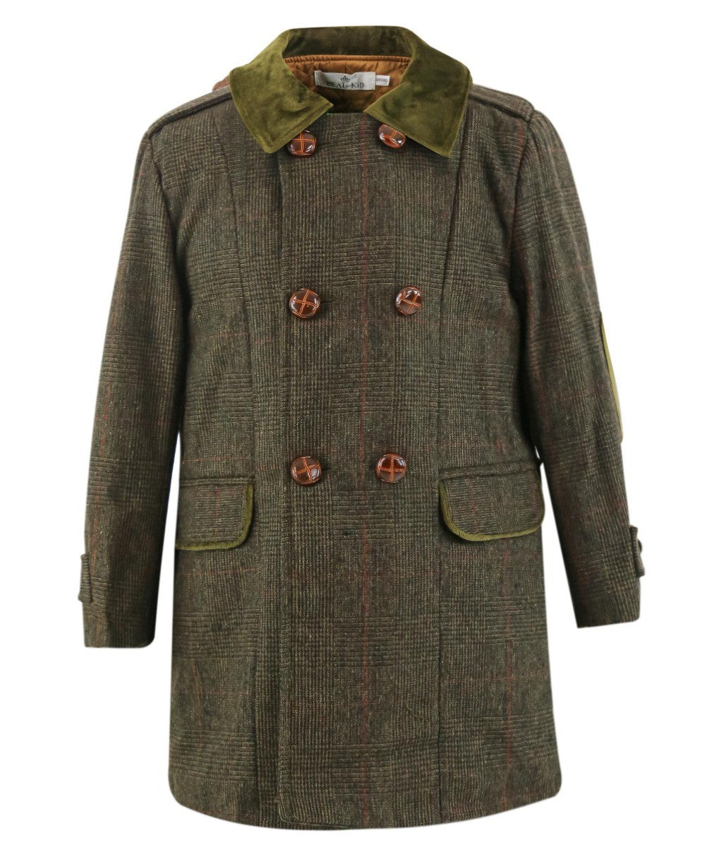 Baby Boy's Tweed Check Double Breasted Mid-Length Coat - Olive Green