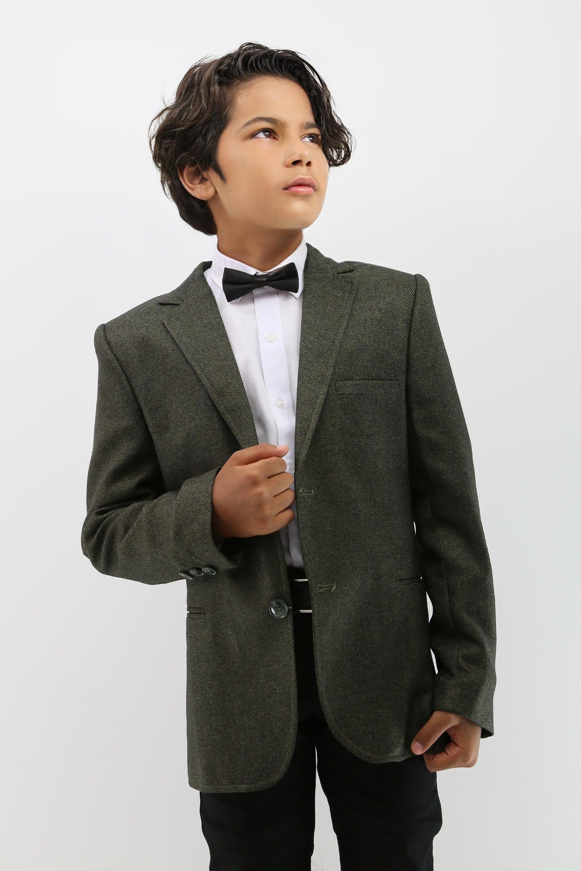 Boys Formal Textured Blazer Jacket - Khaki Green