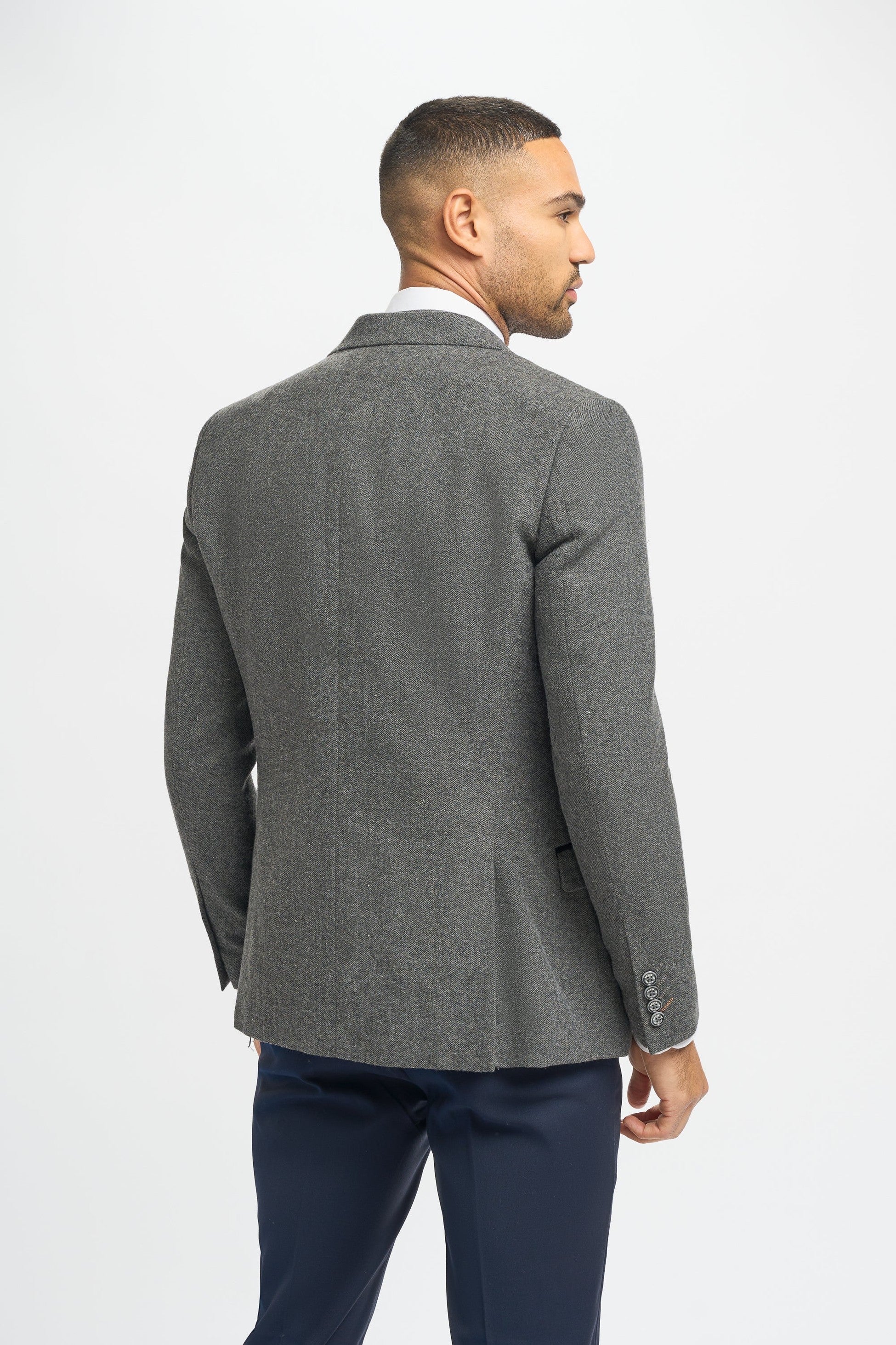 Men's Grey Herringbone Tweed Jacket and Waistcoat with Slim Fit Navy Blue Trousers - Grey - Navy Blue