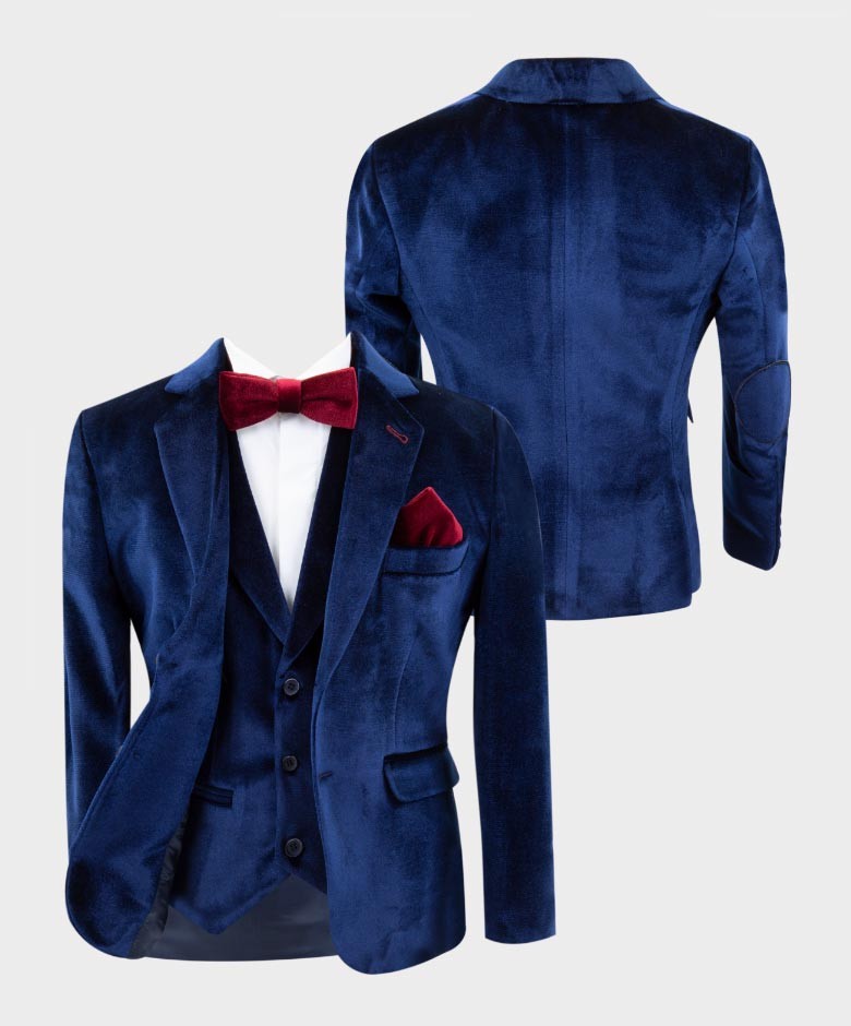 Boys Tailored Fit Velvet Suit with Elbow Patches - Navy Blue