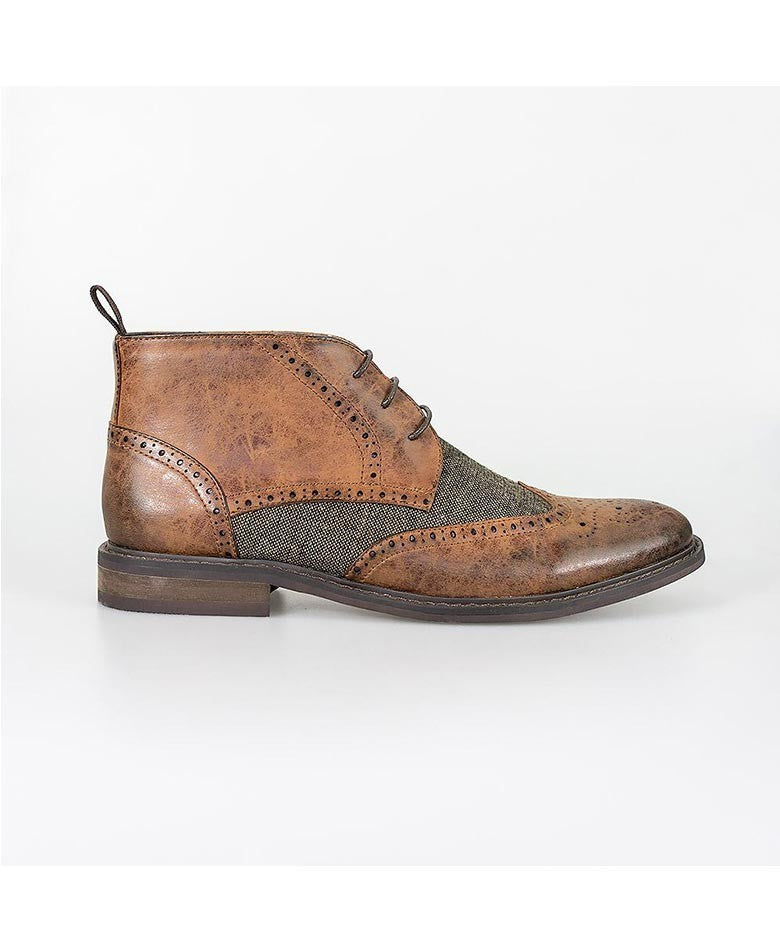 Men's Tweed Brogue Ankle Boots - CURTIS - Tan Brown