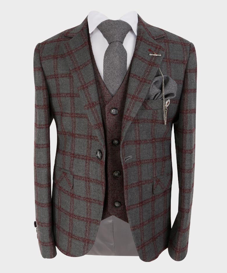 Boys Tailored Fit Windowpane Retro Check Suit - Grey - Burgundy