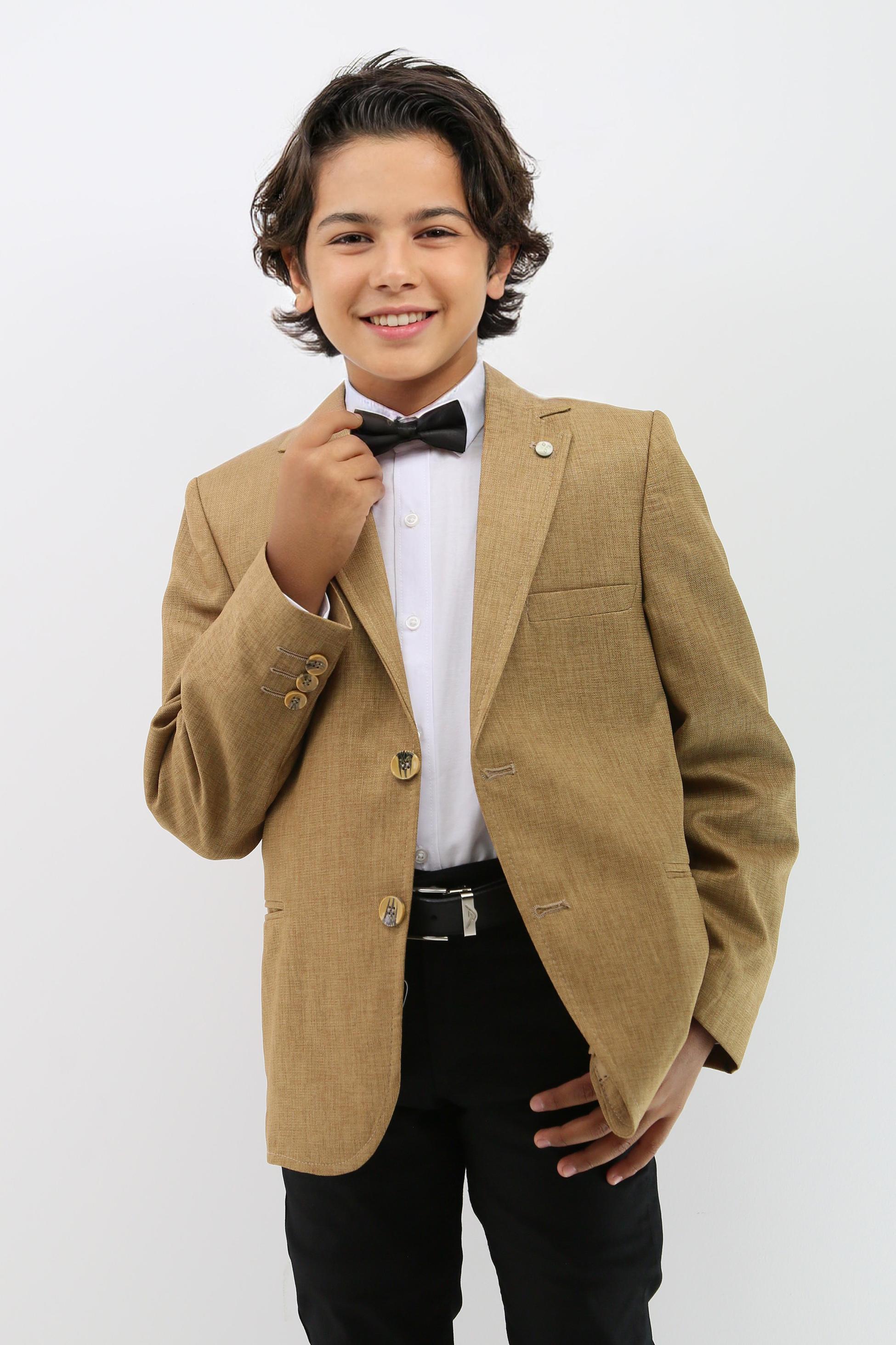 Boys' Formal Tan Brown Textured Blazer Jacket - Mustard Brown