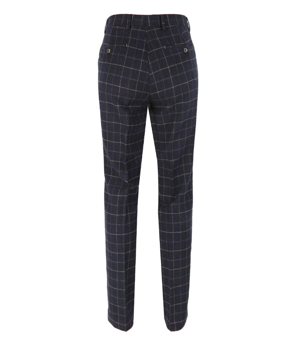 Men's Tweed Check Slim Fit Navy Trousers - SHELBY - Navy Blue