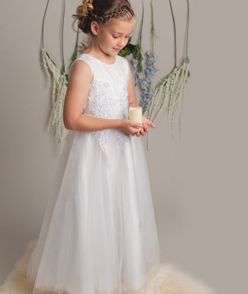 Floral Embroidery Flower Girl Dress with Bow - LUCKY - White