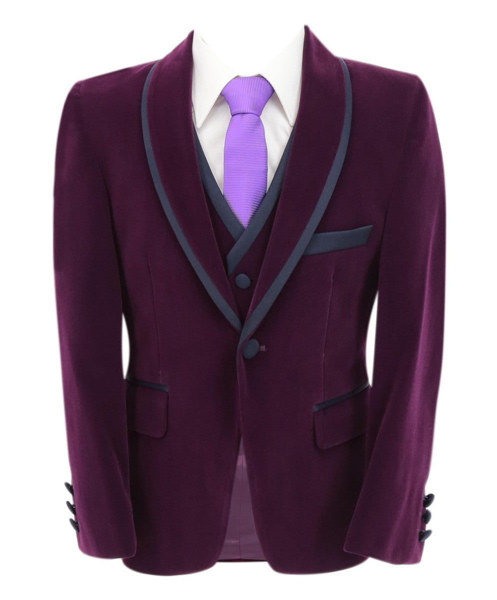 Boys Slim Fit Piping Velvet Tuxedo Suit - LONDON - Purple